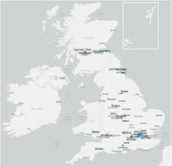 Map showing geographical location of UK thermal energy storage projects